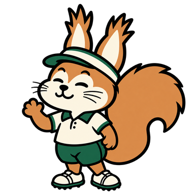穿着绿色高尔夫服的GOLF GO小松鼠吉祥物挥手欢迎